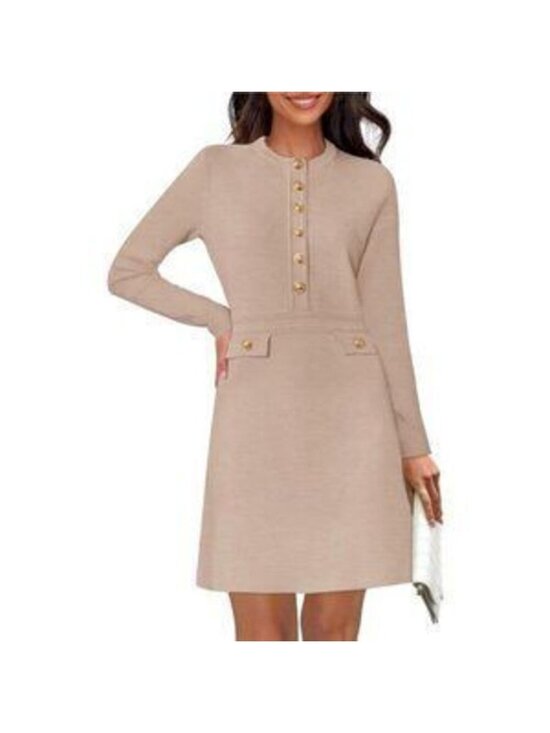 Dresses & Skirts - Women's Crew Neck Bodycon Sweater Dress Long Sleeve Button Mini Dress
